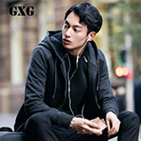 GXG男装 秋季新品韩版修身灰色休闲长袖卫衣男连帽外套